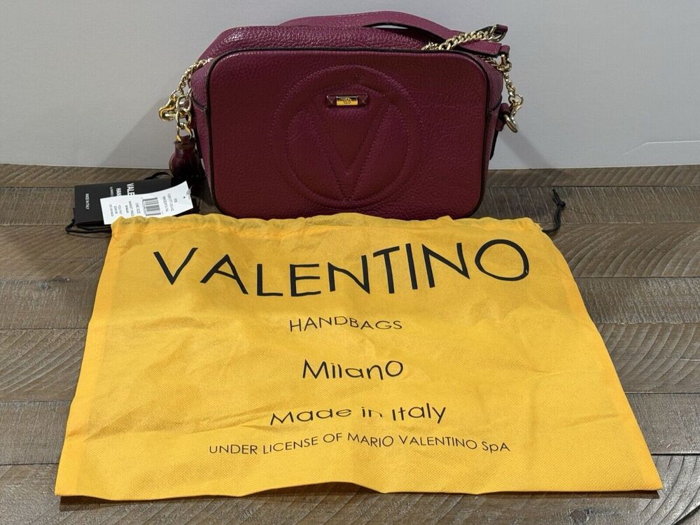 Mario Valentino Magenta Mia Signature Logo Embossed Pebbled Leather Camera Bag